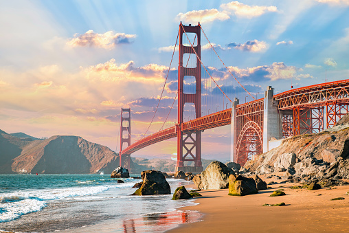 Dawn at the Golden gate bridge from Baker beach, San Francisco, California, USA