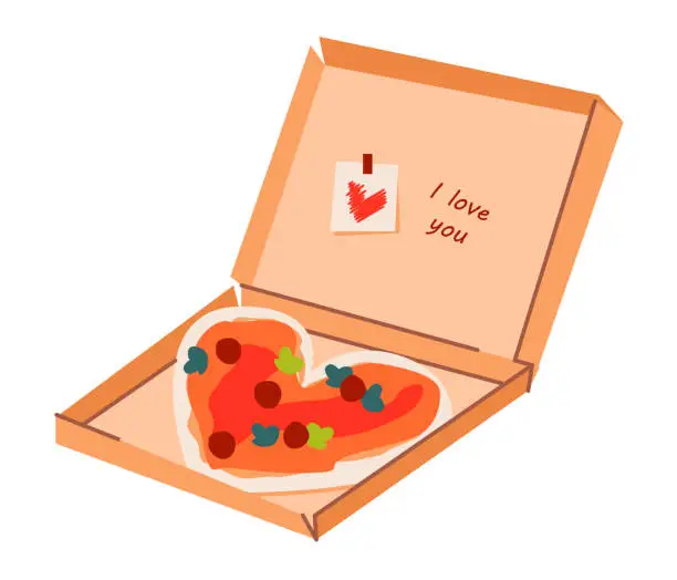 Vector illustration of Heart shaped pizza in the box with a love message. Love concept. Vector illustration