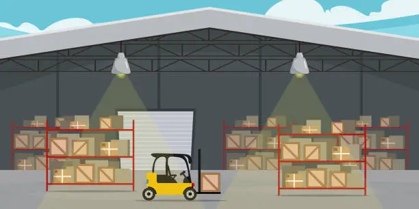 Vector illustration of Vector illustration of a beautiful frontal warehouse building. Cartoon scene of a warehouse with street lamps with streams of light, shelves with boxes of goods, a cart.