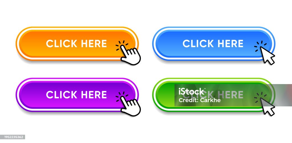 Click Here Web Buttons With Hand Cursor Set Of Action Button With Arrow ...