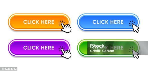 Click Here Web Buttons With Hand Cursor Set Of Action Button With Arrow ...