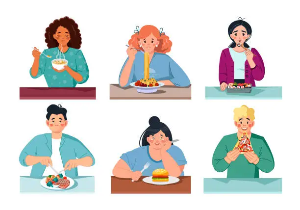 Vector illustration of A set of diversity people who sit at tables and eat a variety of food.  Vector illustration