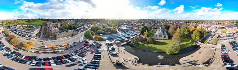 Aerial Panoramic View of Central Hitchin City of England United Kingdom. October 28th, 2023