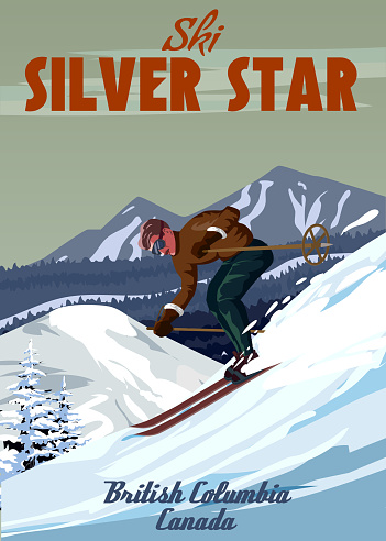 Vintage Travel poster Ski Silver Star resort. America winter landscape travel view, skier on the snow mountain, retro. Vector illustration