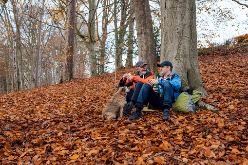 A senior man enjoying a day out with his son and pet Patterdale Terrier at the weekend in a woodland area in Hexham, North East England. They are sitting on the ground that is covered in fallen Autumn leaves while taking a break from hiking and enjoying a drink and bite to eat.

Videos available that are similar to this scenario.