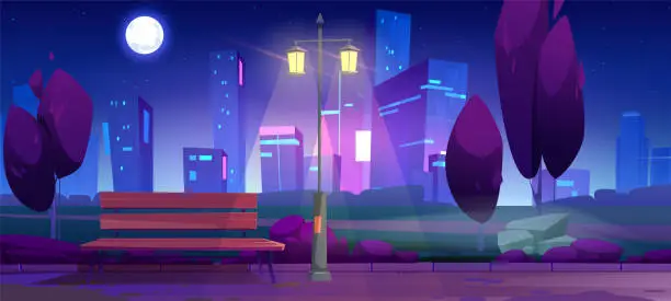 Vector illustration of Night city park with bench and light on street