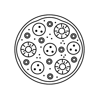 Vector whole tasty pizza Italian fast food line. Salami, pineapple, olive. Delivery service fast food. Sketch icon with outline style. On white background. For web, card, your design.