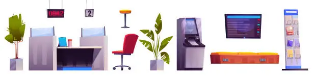 Vector illustration of Bank office interior furniture and equipment.