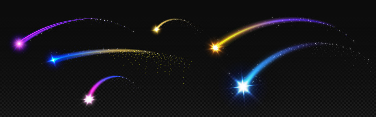 Shooting star light arc curve with magic glitter. Blue arch neon sparkle beam line. Speed trail shine vector effect. Glowing gold and purple track. Flying twinkle motion overlay. Night meteor burst