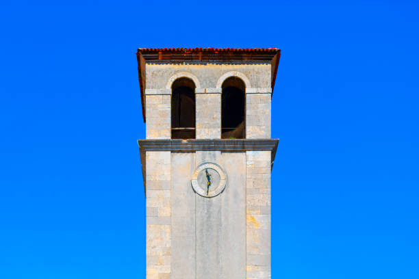 Bell tower of the Church. Clock tower against blue sky