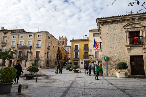 Priego, Cuenca, Spain- December 10, 2023: The Condes de Priego square in Priego town in winter