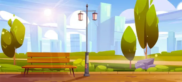 Vector illustration of City park with bench in garden cartoon background