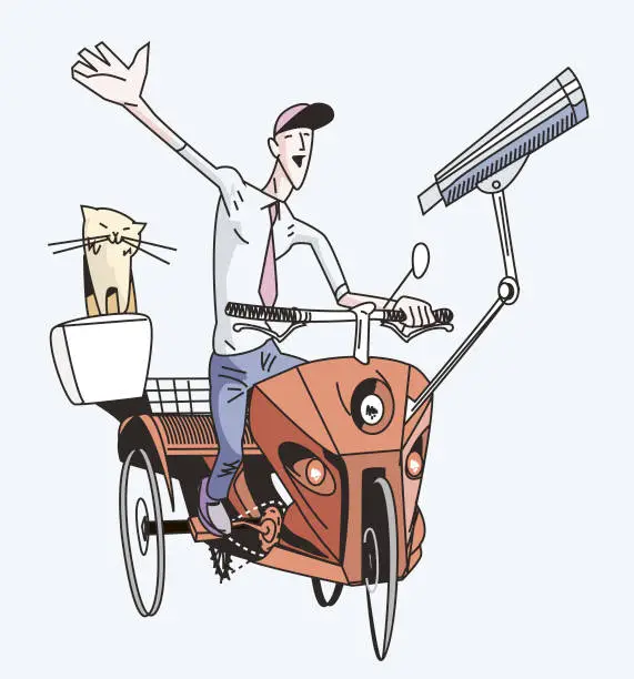 Vector illustration of young inventor driving a pedal-powered vehicle