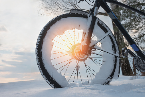 Close-up of a snow-covered wheel of a standing bicycle in the light of the setting sun in the countryside. Winter evening. Low angle view.