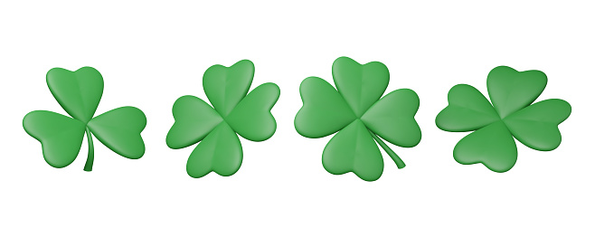 Set of green clover leaves in different angles. Cartoon vector illustration isolated on white background. Traditional irish symbol.