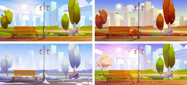 Vector illustration of City park with bench season background vector set