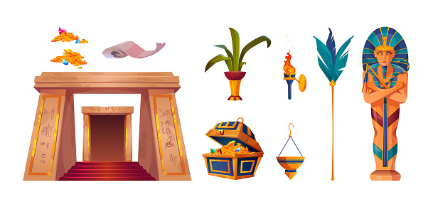 Ancient egypt pharaoh god temple vector game set. Old egyptian history interior element design. Cartoon antique sarcophagus, entrance, treasure and tomb item. Fantasy great historical museum icon