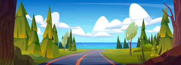 Vector illustration of Road with trees and firs on sides leads to sea.