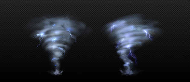Tornado storm vector, hurricane wind transparent isolated effect. 3d cyclone twister cloud with lightning. Abstract realistic air vortex funnel. Destructive whirl power. Typhoon danger weather