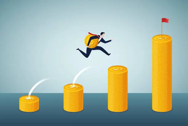 Vector illustration of Investment in stock market, savings to achieve financial goal, power of compound interest, collecting wealth, young adult office man carrying money coin jumping on compound money stack.