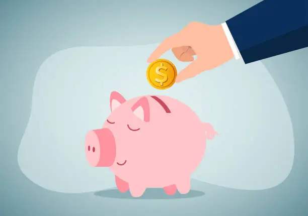 Vector illustration of Saving coins into piggy bank.