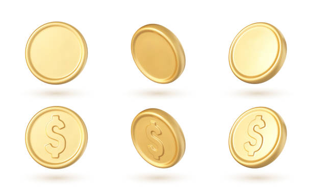 koin emas 3d diatur dalam posisi berbeda yang terisolasi pada latar belakang putih. ilustrasi vektor 3d - ruang tiga dimensi ilustrasi stok