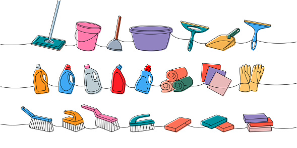 Housekeeping set one line. Floor mop, bucket, plunger, squeegee cleaning glass, scoop, sponges, washcloths, brushes, toilet cleaners, towels, rags, gloves continuous one line illustration.