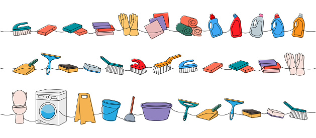 Set of cleaning tools one line. Toilet bowl, washing machine, floor mop, bucket, plunger, squeegee cleaning glass, scoop, sponges, washcloths, brushes, cleaners, towels, rags, gloves