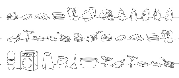 Set of cleaning tools one line. Toilet bowl, washing machine, floor mop, bucket, plunger, squeegee cleaning glass, scoop, sponges, washcloths, brushes, cleaners, towels, rags, gloves