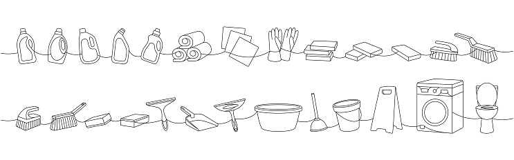 Cleaning tools one line continuous drawing. Toilet bowl, washing machine, floor mop, bucket, plunger, squeegee cleaning glass, scoop, sponges, washcloths, brushes, cleaners, towels, rags, gloves