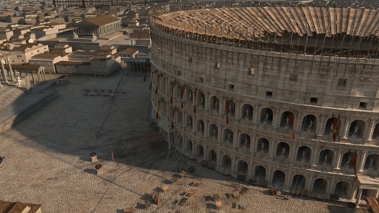 ancient roman colosseum scientific 3D reconstruction with animated detail of the velarium, roman forum and marketplace , flightover and birdsview of the city of rome