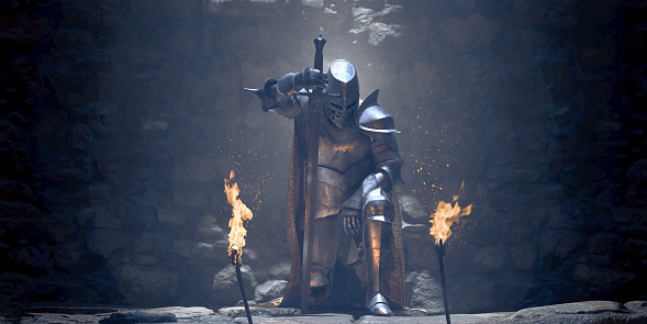 photography of a medieval knight in dark armor, holding an axe and a mace