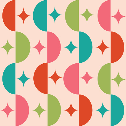 Mid century half circles and starbursts seamless pattern in red, pink, lime green and teal. For home décor, wallpaper and retro backgrounds.