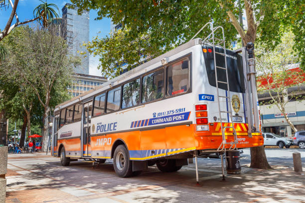 Mobile police station on the sidewalk in Braamfontein Johannesburg with security cameras.
