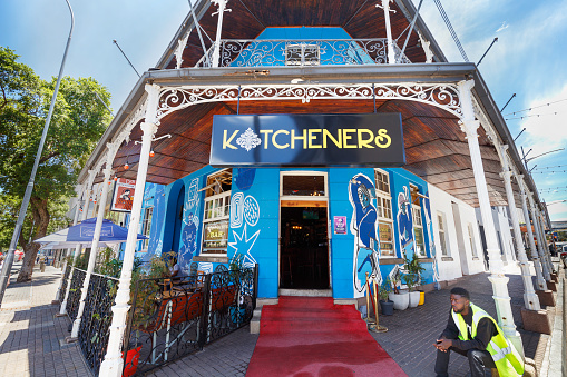 Kitchners in Braamfontein at the original Milner Park Hotel seen from the street corner, restored to the original Colonial style.