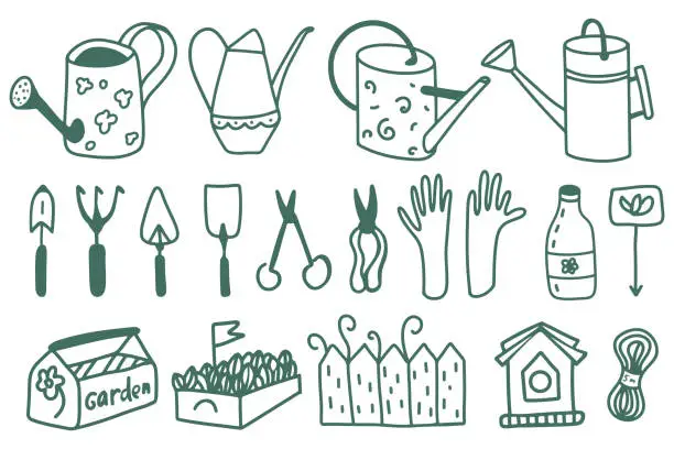 Vector illustration of Set of garden tools. Spring set of gardeners