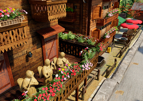 3D rendering of a sunny street in a Switzerland village