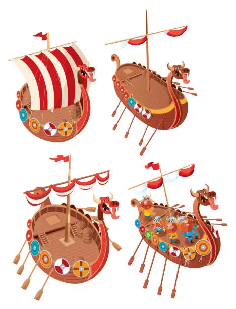 Vector illustration of Viking Ships and Shields