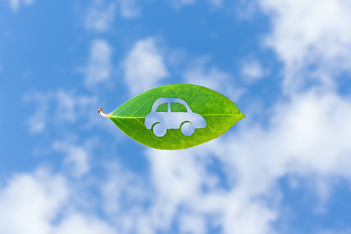 A green leaf featuring a cutout of a car symbolizes eco-friendly transportation against a clear blue sky background.