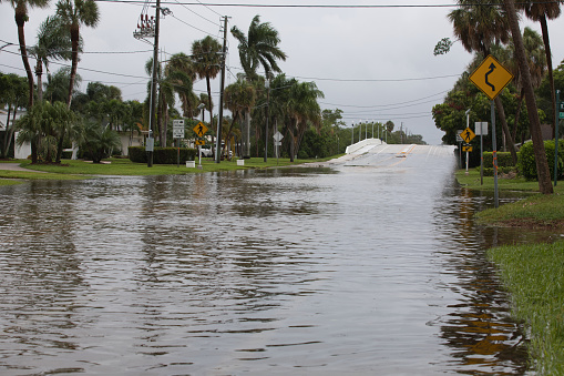 A street covered with storm surge by Hurricane Idalia in Patrician Point, a neighborhood in St. Petersburg, Florida