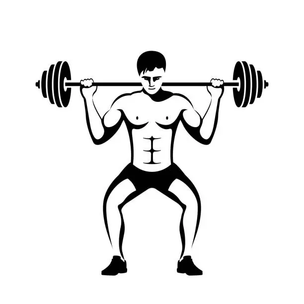 Vector illustration of Icon athlete with barbell. Black silhouette lifts the barbell.