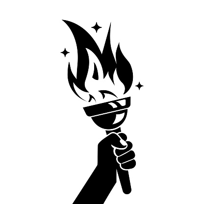 Hand with flaming torch. Sports concept victory. Winner holding golden torch in hand. Vector illustration flat design. Isolated on white background. Symbol of games, black icon.