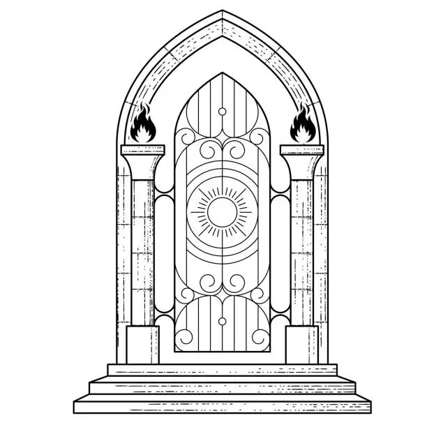 Vector illustration of The gates of heaven with torches, portal to paradise, occult gateway of hell arch, vector