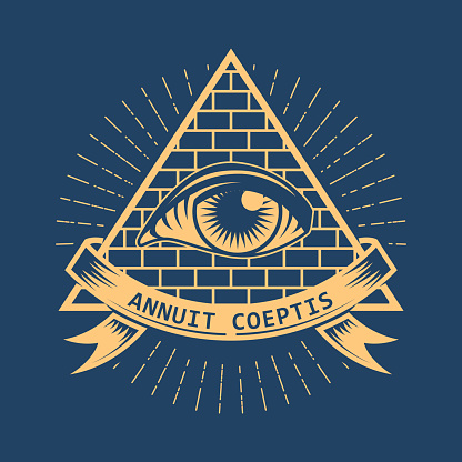 Conspiracy pyramid with all-seeing eye, freemason sign in tarot style, illuminati symbol, vector