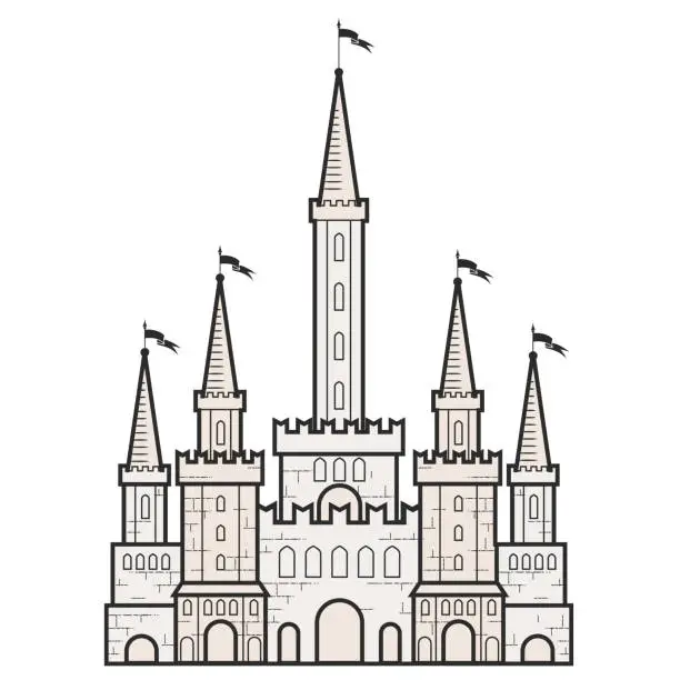 Vector illustration of Medieval fairy-tale castle with towers in romanticism style, medieval cartoon citadel, vector