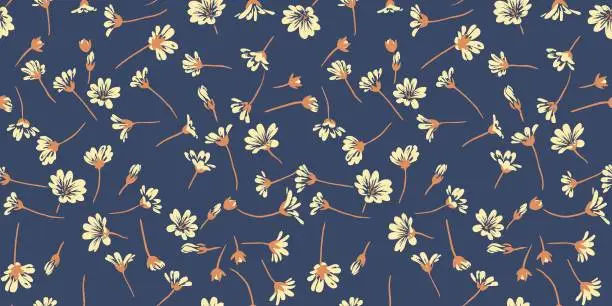 Vector illustration of Artistic tiny flowers seamless pattern. Vector hand drawn sketch. Dark blue floral print. Template for design, fabric, fashion, textile, paper, wallpaper