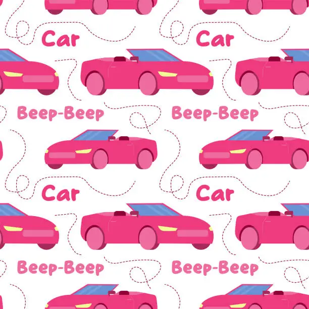 Vector illustration of seamless pattern of pink convertible car, classic car. A toy car for a doll. vector Barbiecore