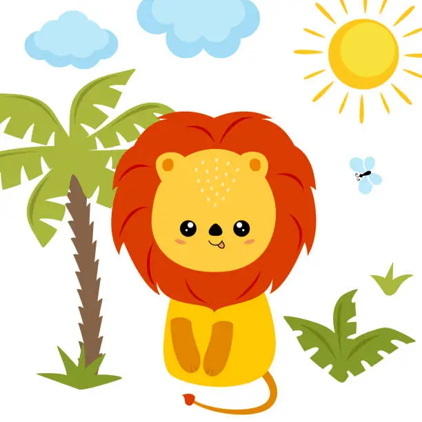 Vector illustration of Vector illustration, adorable lion is sitting in jungle palm