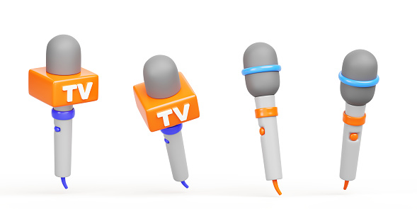 Tv news microphones isolated on white background 3d render icon set. Cartoon mics for media, journalist interview, live broadcast, press conference, television show or public event. 3D illustration