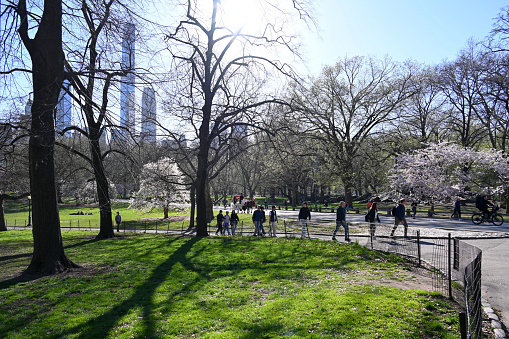 New York City, New York, USA, April 10, 2023 - Tourists and locals stroll through Central Park, New York City.